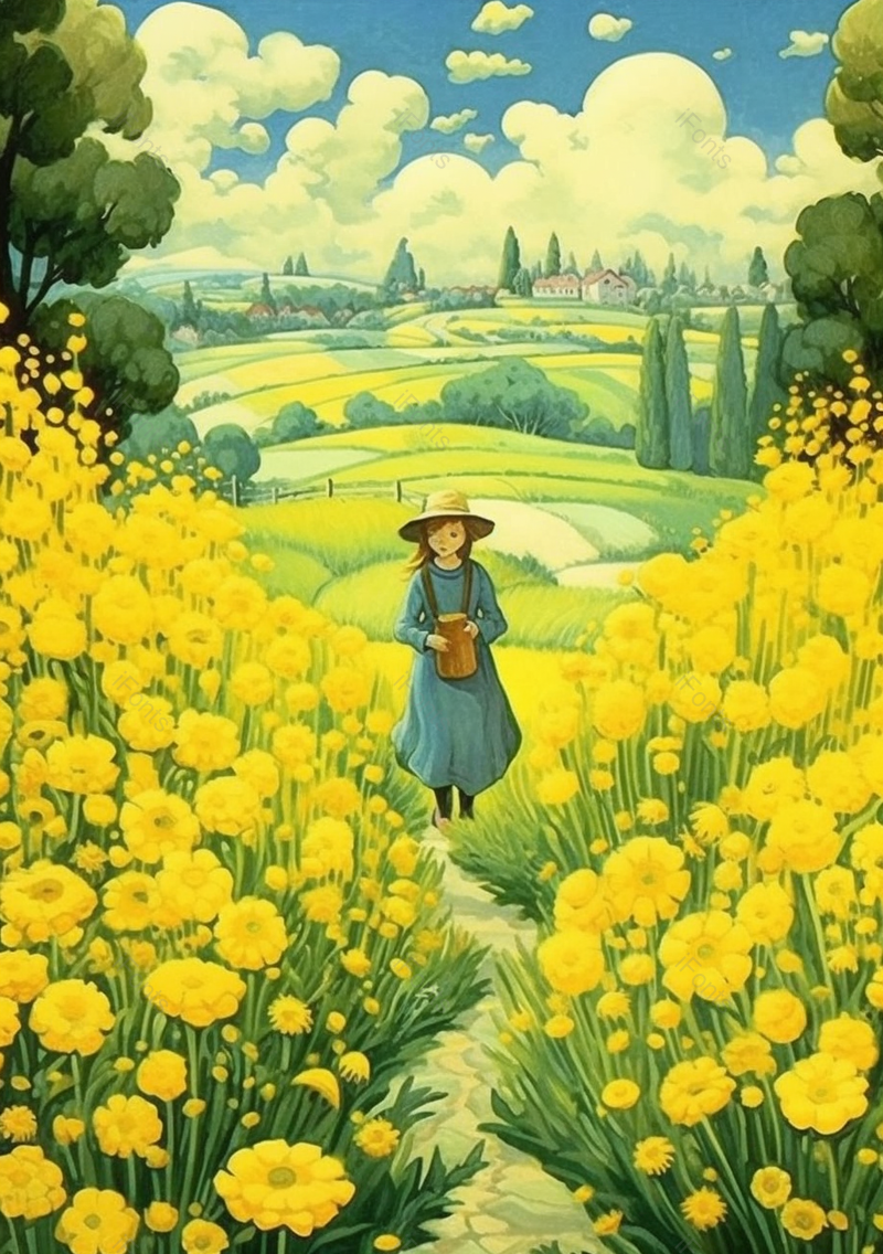 女孩连衣裙春天大自然春分花丛黄花草地漫山遍野田园风景,插画/手绘图,插画/手绘图库,插画/手绘图下载,插画/手绘